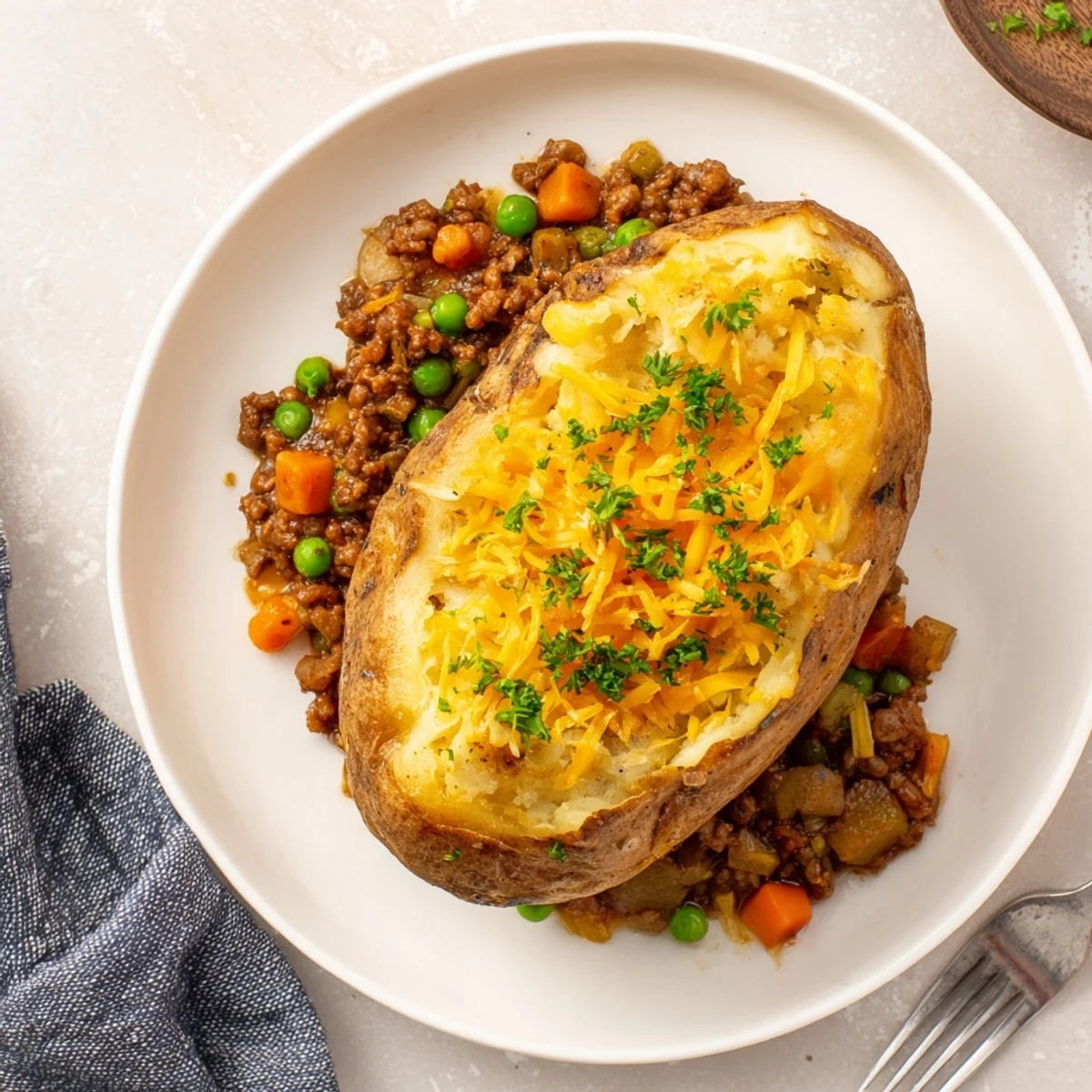 Fluffy baked potato stuffed with ground lamb and vegetables under golden mashed potato layer