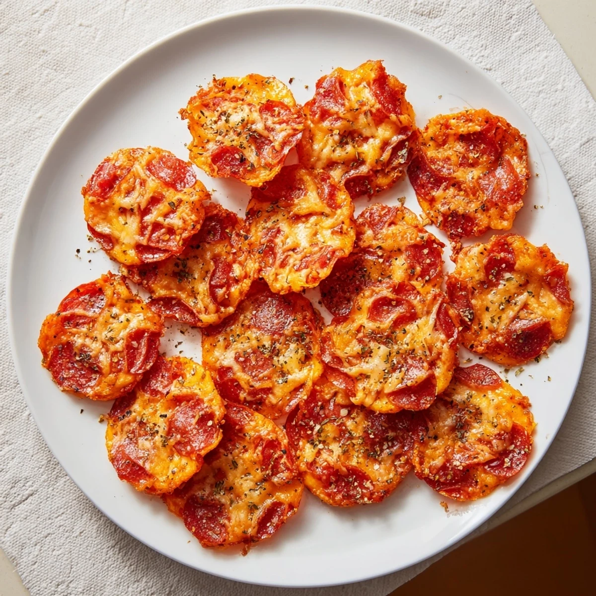 Golden crispy pepperoni cheese chips topped with bubbling melted cheddar and mozzarella on a white serving plate