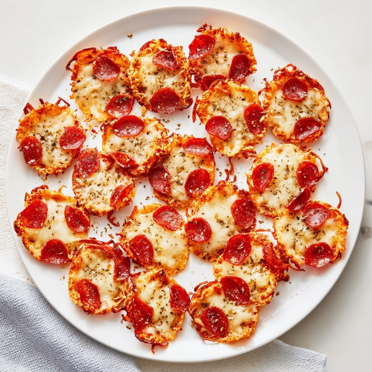Savory pepperoni cheese chips arranged on a baking sheet with golden edges and gooey cheese centers