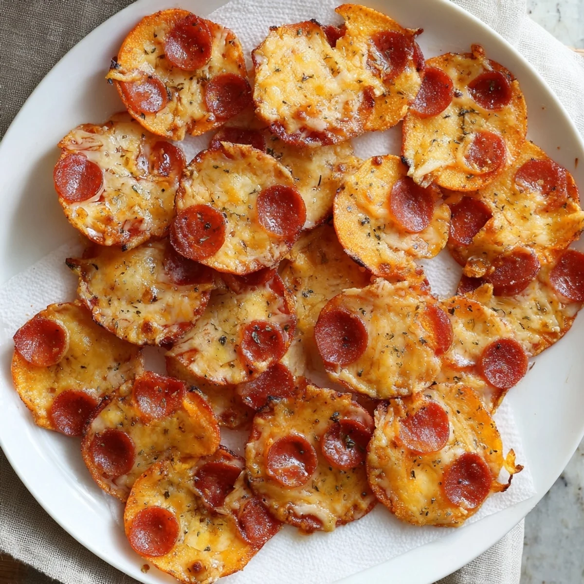 Baked pepperoni slices layered with shredded cheeses and Italian herbs for a crunchy low-carb snack