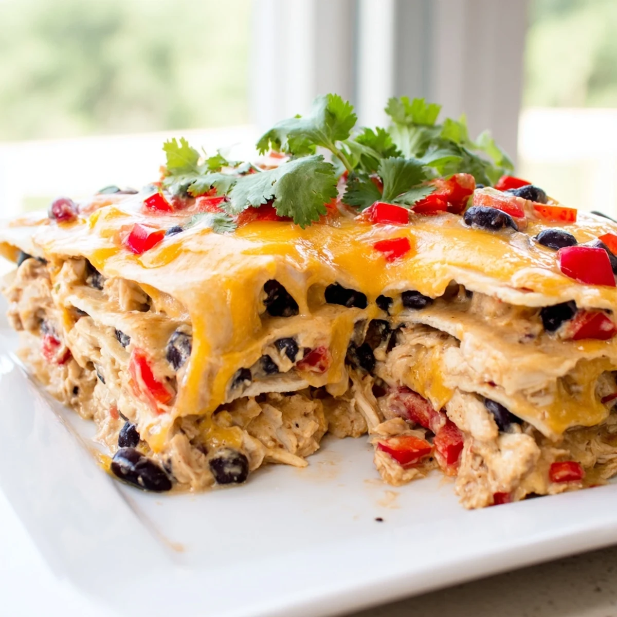 Golden bubbly cheesy chicken taco lasagna with layers of tender shredded chicken and melted cheddar