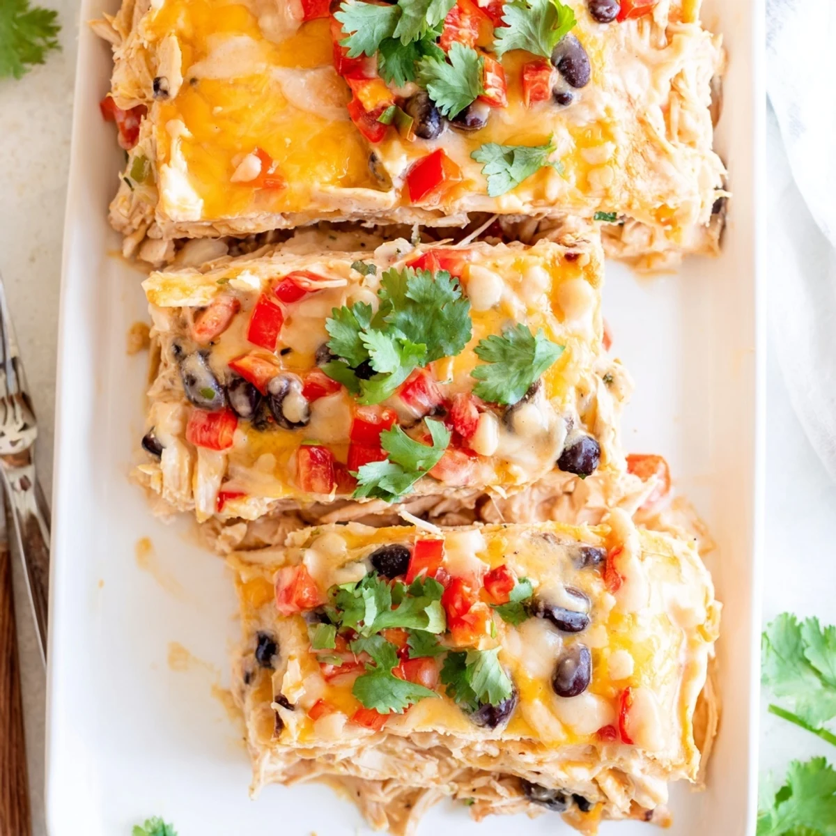Square slice of creamy chicken taco lasagna showing colorful layers of beans peppers and tortillas