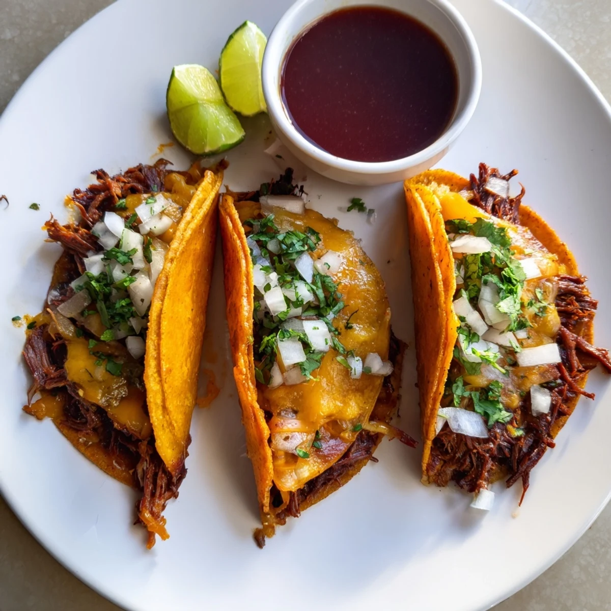 Golden crispy birria tacos with melted Oaxaca cheese and tender shredded beef dipped in rich consommé