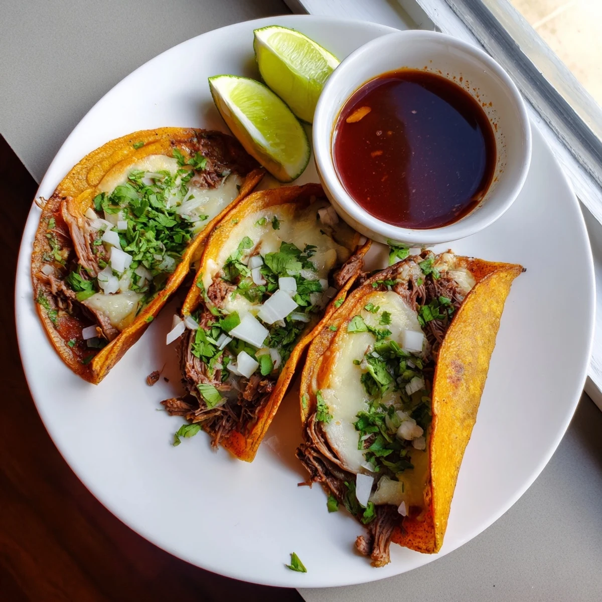 Homemade birria tacos featuring juicy slow-cooked meat stuffed in corn tortillas with fresh cilantro and onion garnish