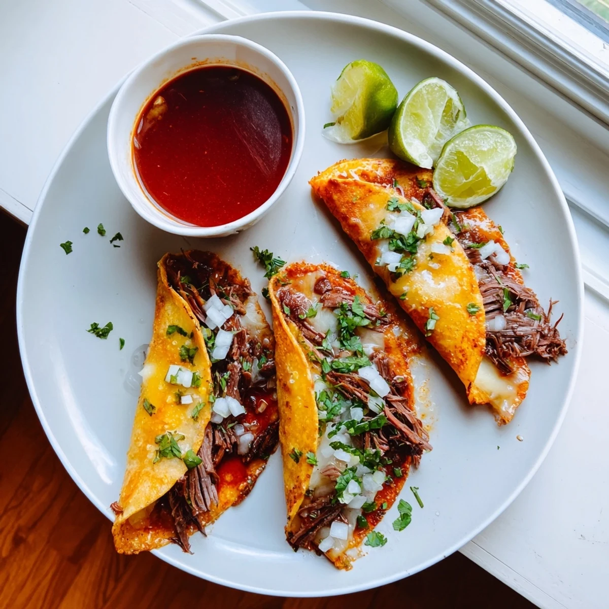 Mexican-style birria tacos with crispy fried edges, oozing cheese, and savory beef consommé for dipping on the side