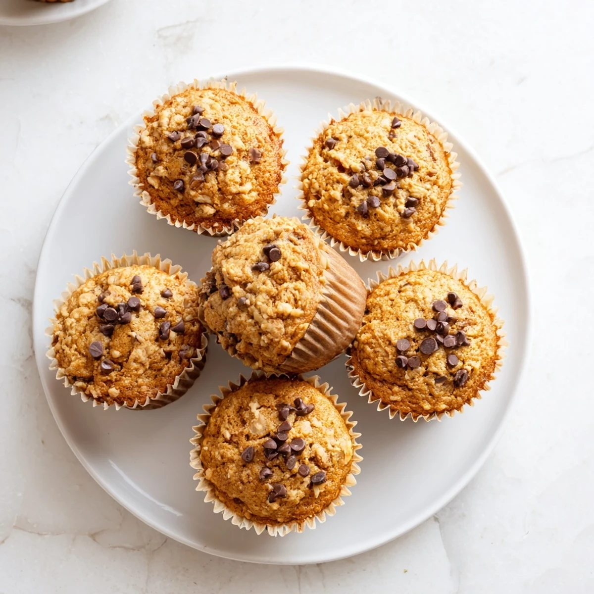 Freshly baked peanut butter banana muffins topped with melted chocolate chips on a wooden board