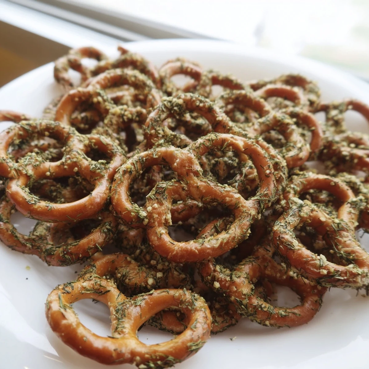 Golden brown pretzels tossed in zesty dill pickle ranch seasoning on a white baking sheet