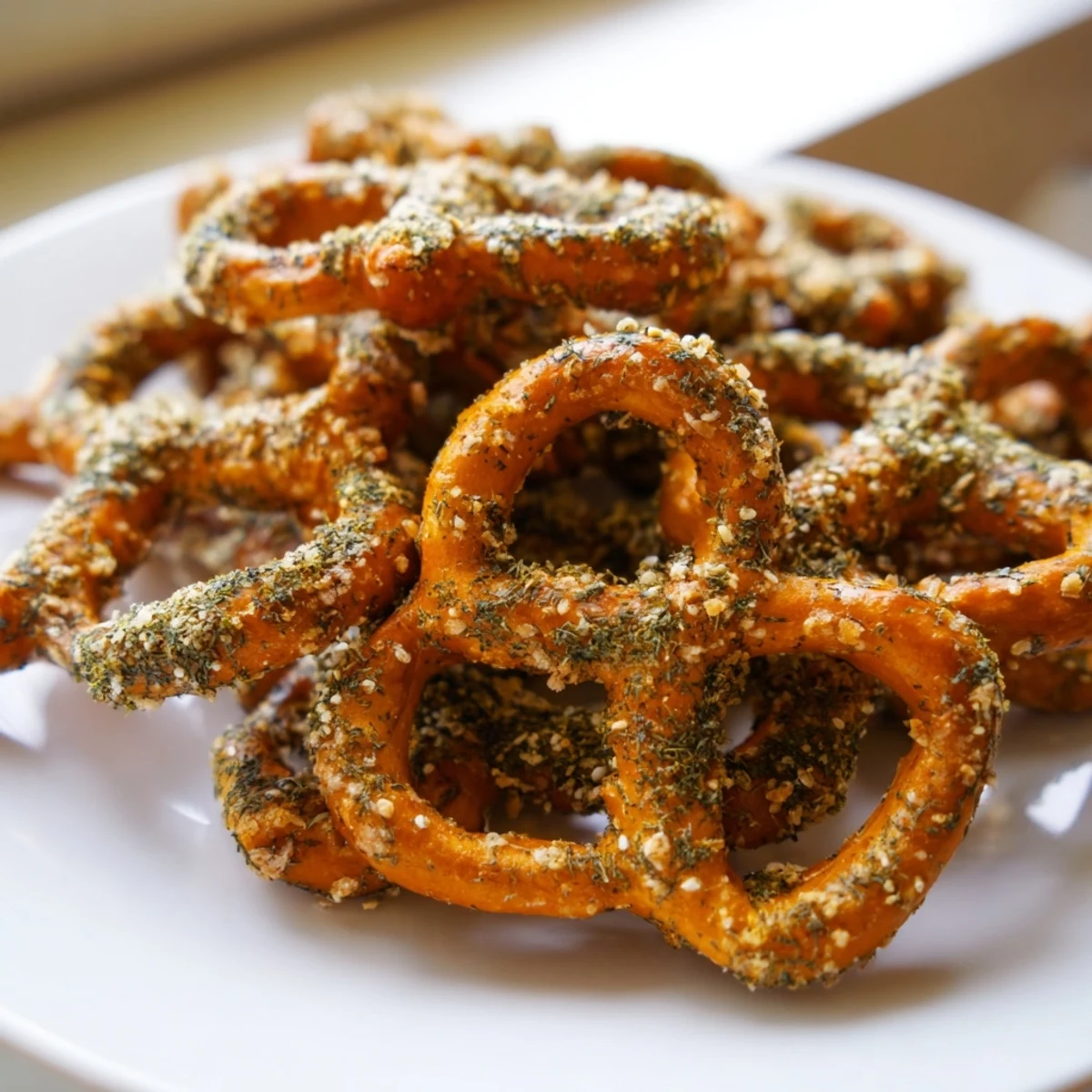 Heap of crunchy seasoned pretzels glistening with oil and aromatic dill pickle ranch blend
