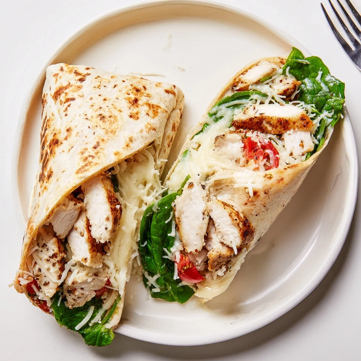 Cheesy Garlic Chicken Wraps sliced in half, melty cheese oozing, warm