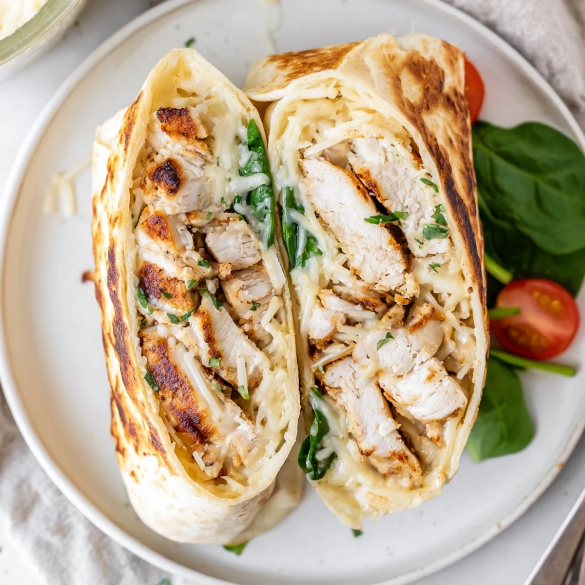 Grilled Cheesy Garlic Chicken Wraps on skillet, crisp golden exterior, tender chicken