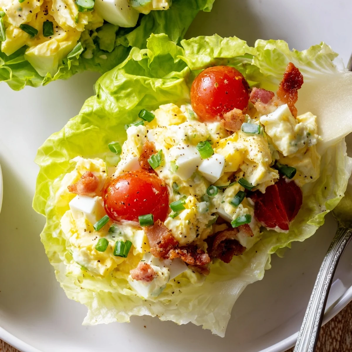 BLT Egg Salad Lettuce Wraps with crispy bacon, creamy eggs, bright tomatoes.