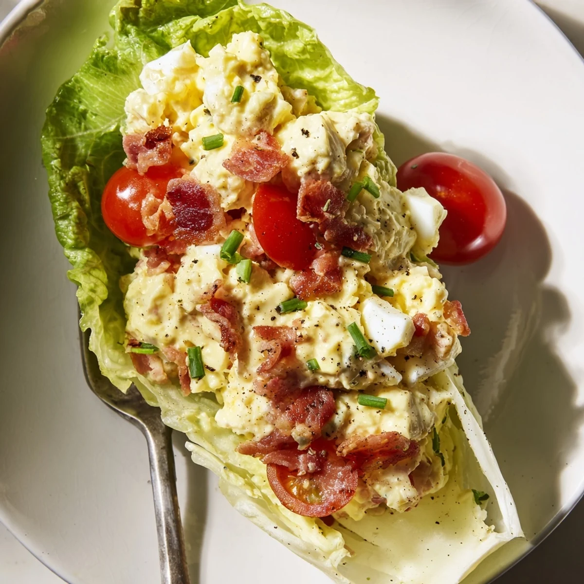 Fresh BLT Egg Salad Lettuce Wraps served on chilled butter lettuce leaves.