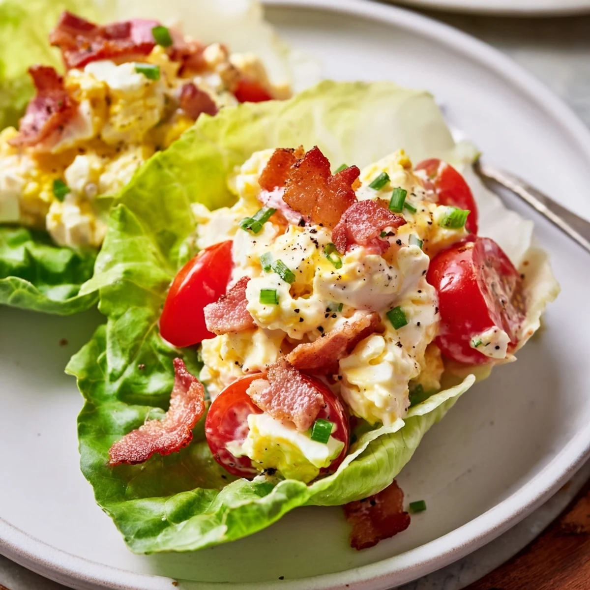 Zesty BLT Egg Salad Lettuce Wraps rolled tight, tangy Dijon and chives.