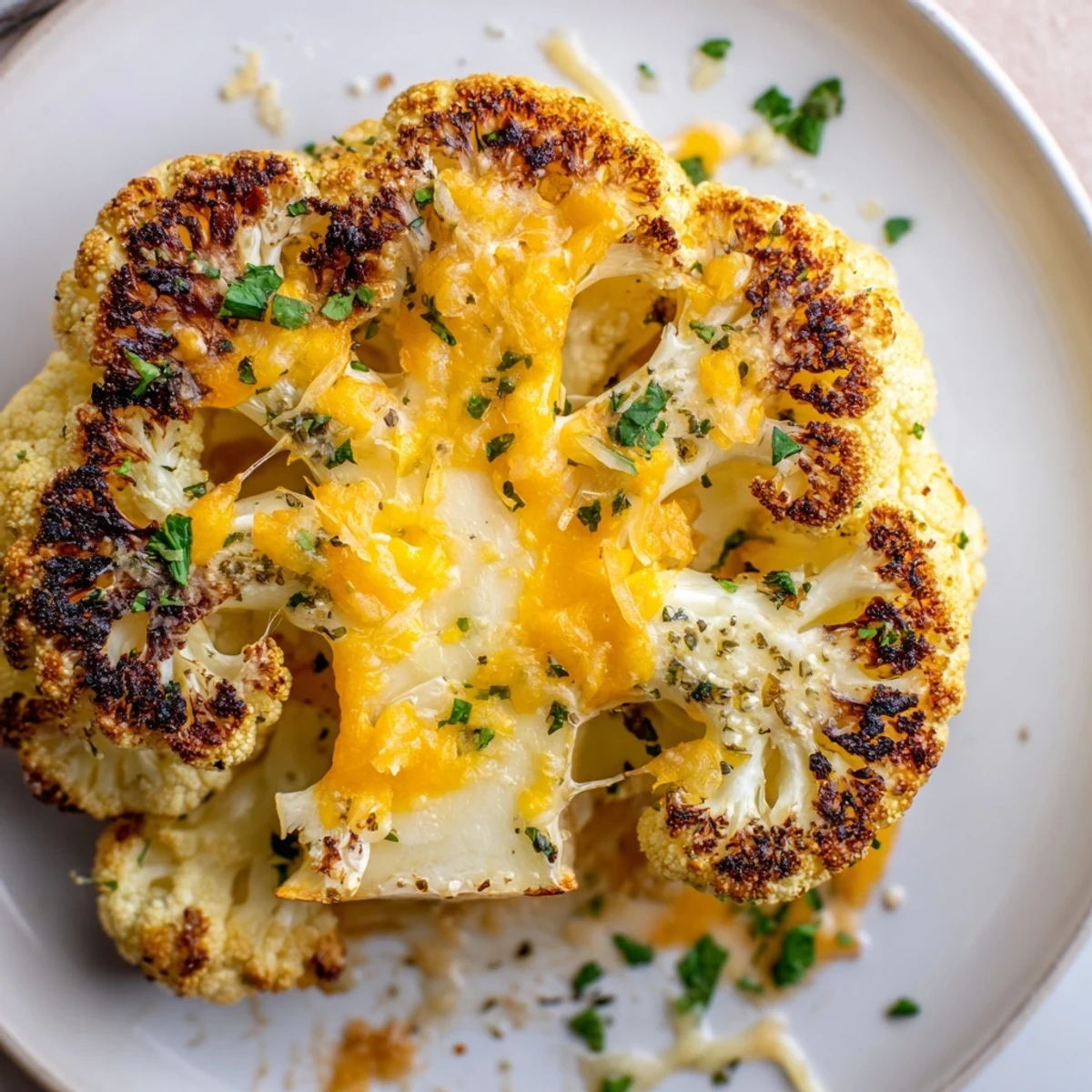 Oven-roasted Cheesy Cauliflower Steaks with golden bubbly cheese and parsley garnish