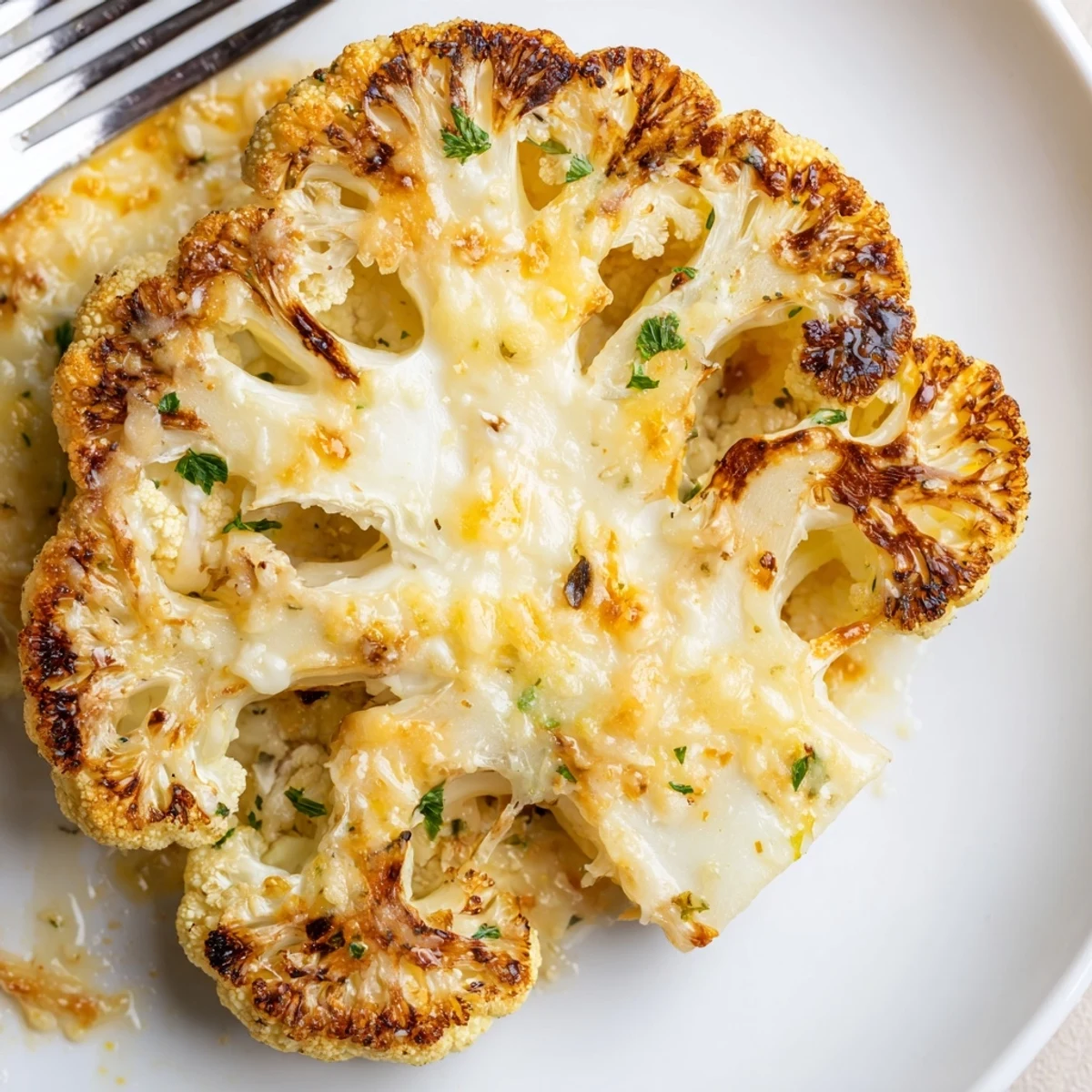 Slicing into Cheesy Cauliflower Steaks reveals tender florets and melted cheese