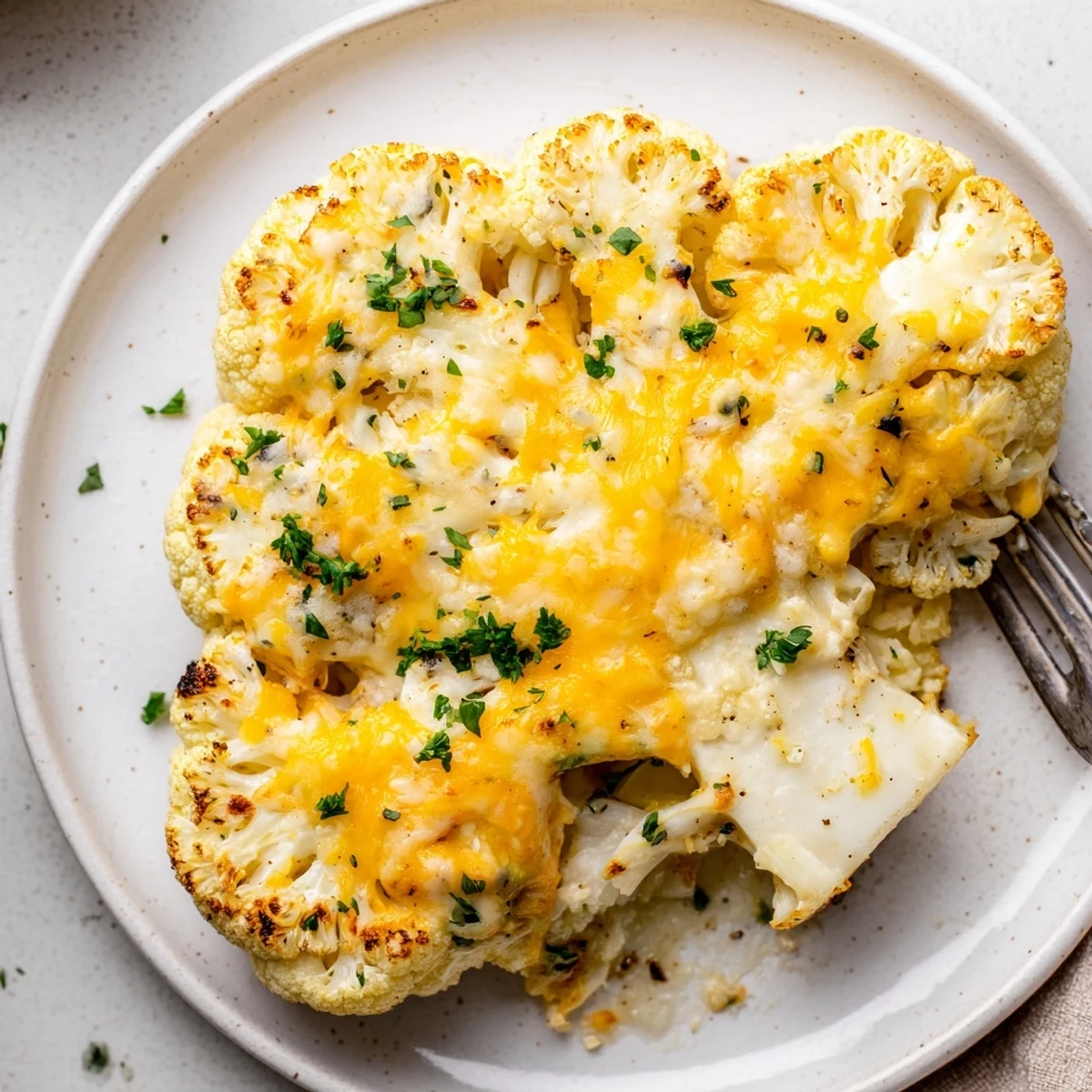 Plated Cheesy Cauliflower Steaks, smoky paprika aroma, ready with crisp green salad