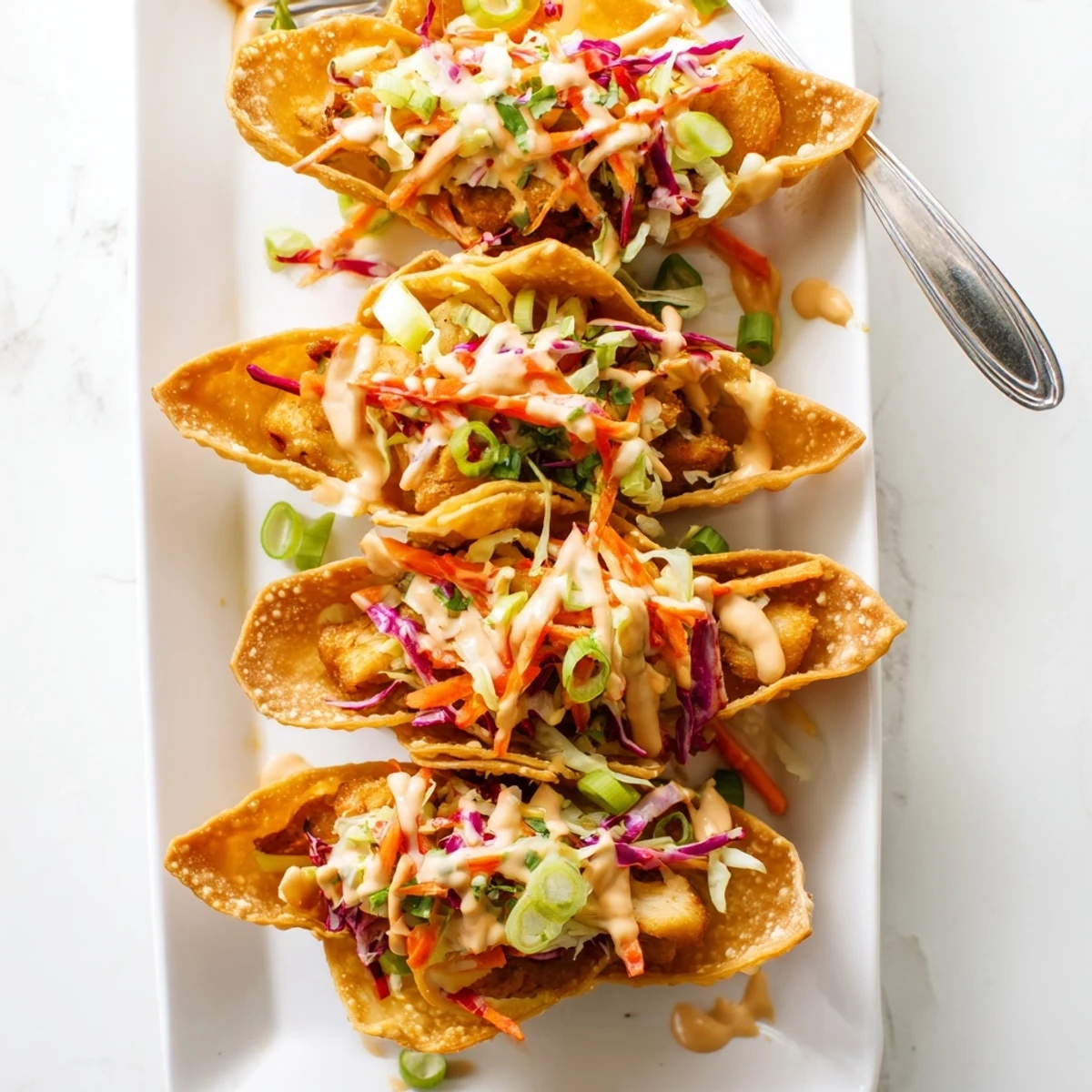 Golden crispy Asian chicken wonton tacos topped with colorful purple and green cabbage slaw