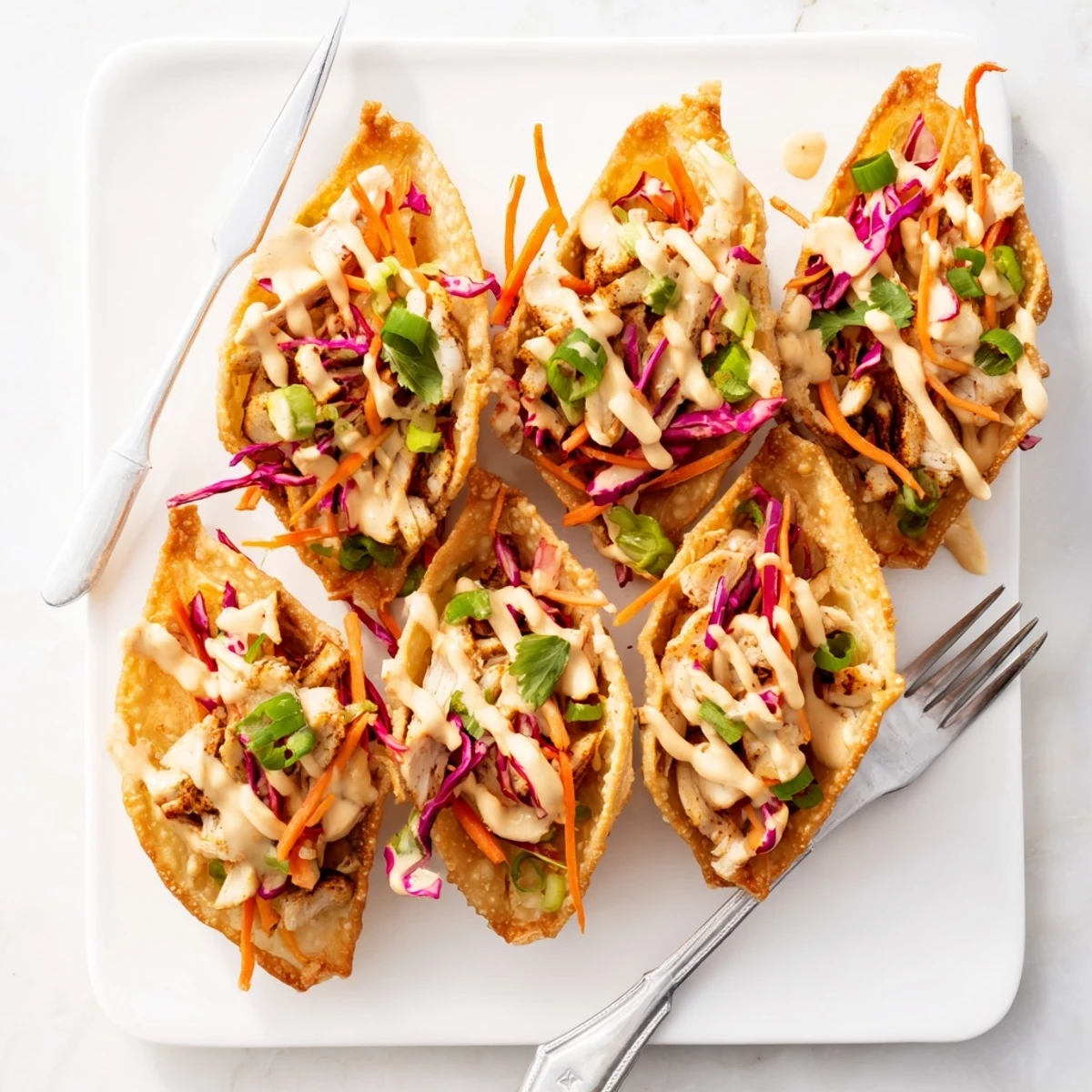 Crispy fried wonton taco shells filled with savory sesame ginger chicken and fresh vegetables