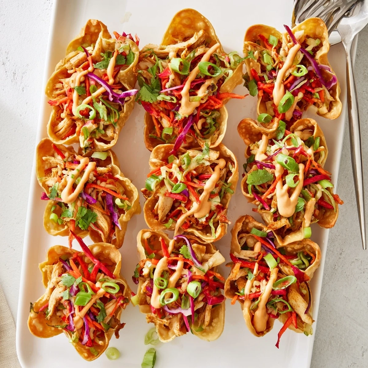 Asian fusion chicken wonton tacos drizzled with spicy sriracha sauce and crunchy slaw topping