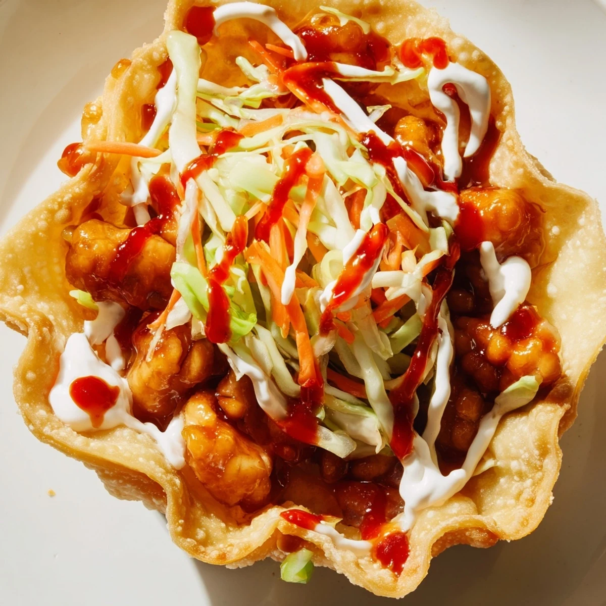 Crispy golden chicken wonton tacos topped with colorful slaw and spicy sriracha mayo drizzle