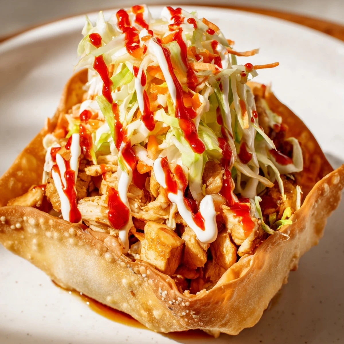 Mini chicken wonton tacos on white plate garnished with zesty sauce and crisp cabbage slaw