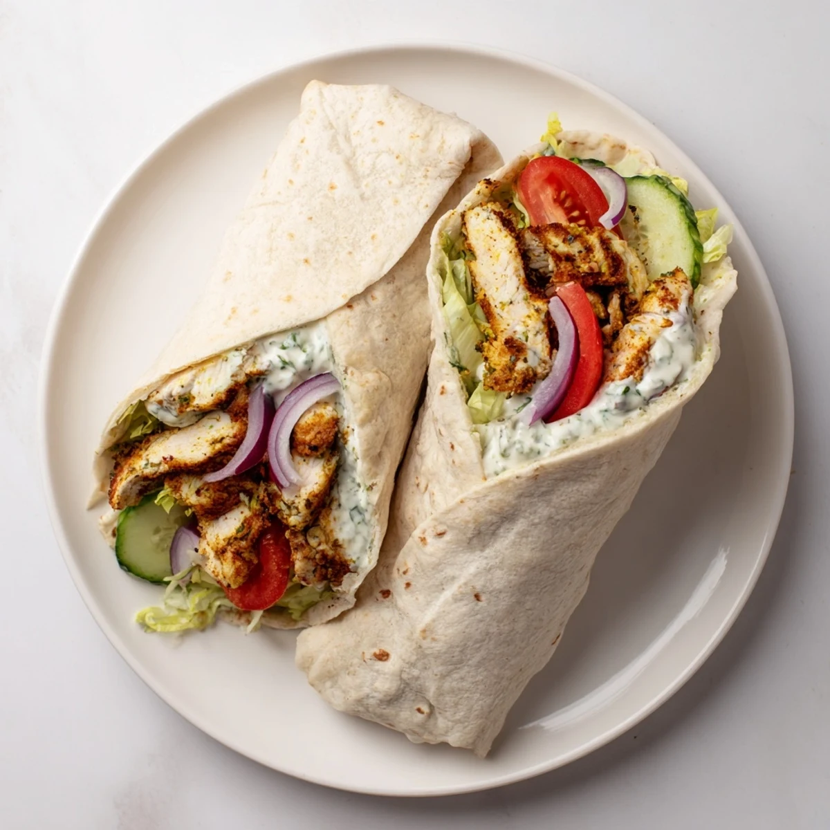 Golden garlic chicken shawarma wrap filled with fresh vegetables and creamy garlic sauce