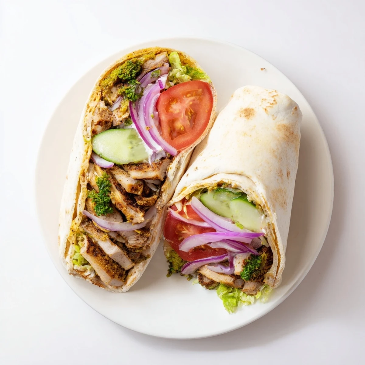 Sliced garlic chicken shawarma wrap revealing spiced meat, crisp lettuce, and red onion