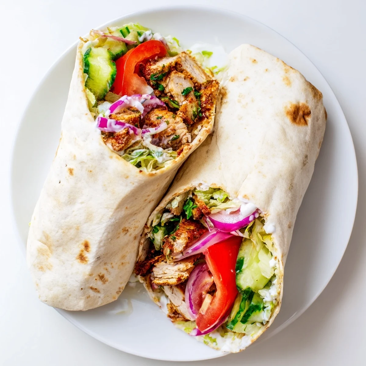 Middle Eastern garlic chicken shawarma wrap rolled with tomatoes, cucumber, and white sauce
