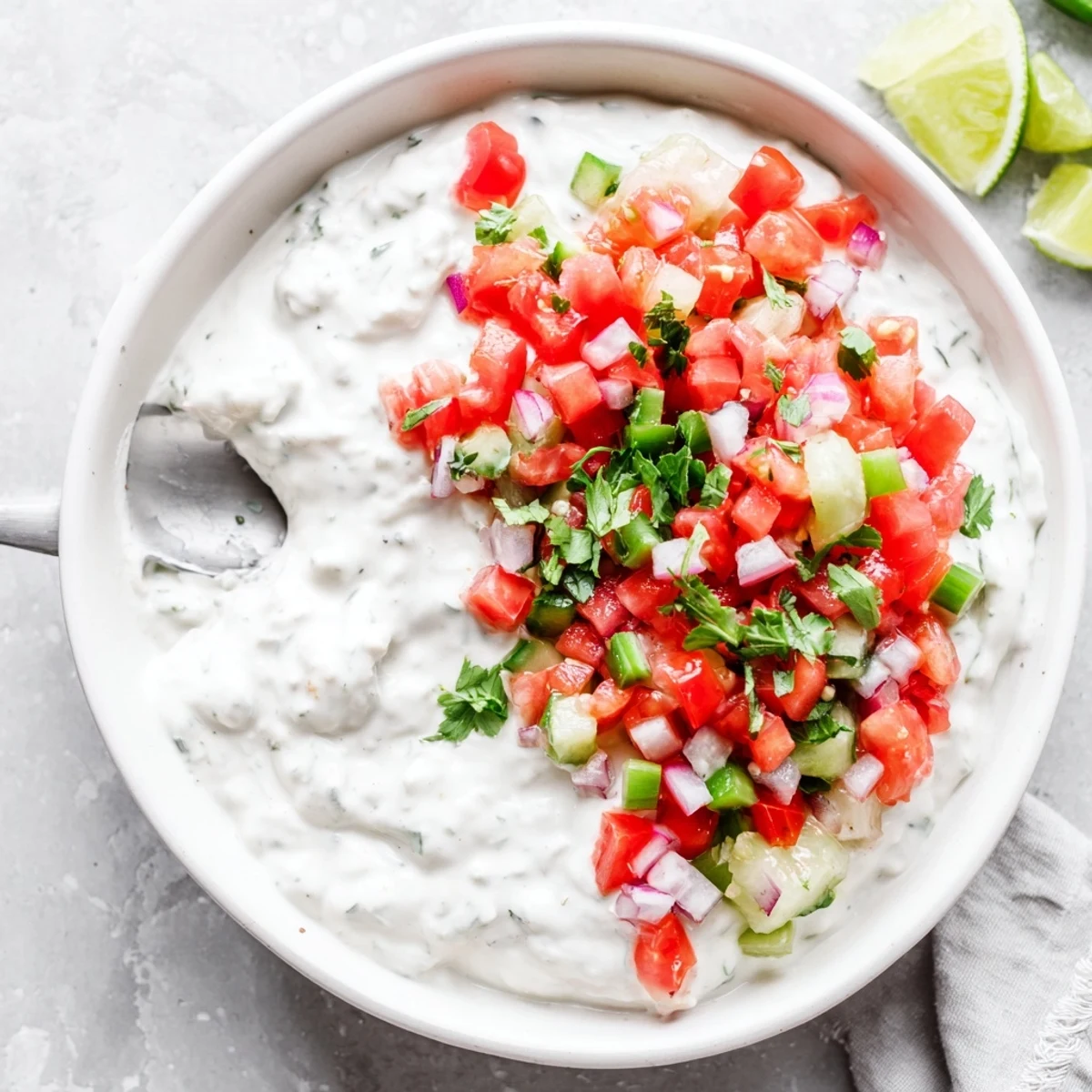Creamy Grillos pickle de gallo ranch dip topped with vibrant pico de gallo and crunchy dill pickles