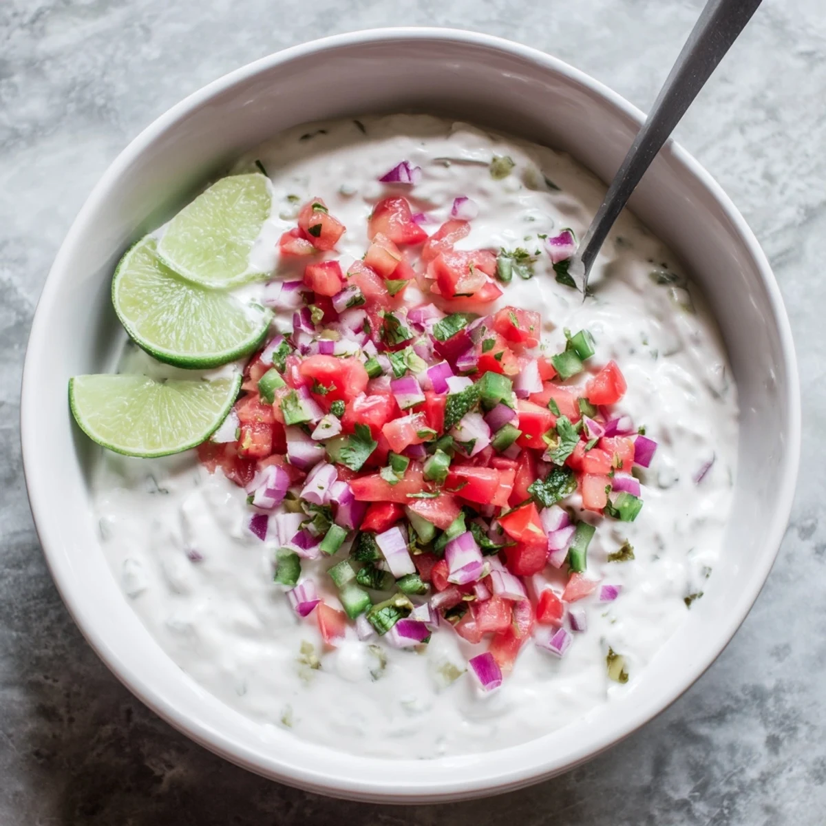 White bowl of zesty Grillos pickle de gallo ranch dip served with tortilla chips for dipping