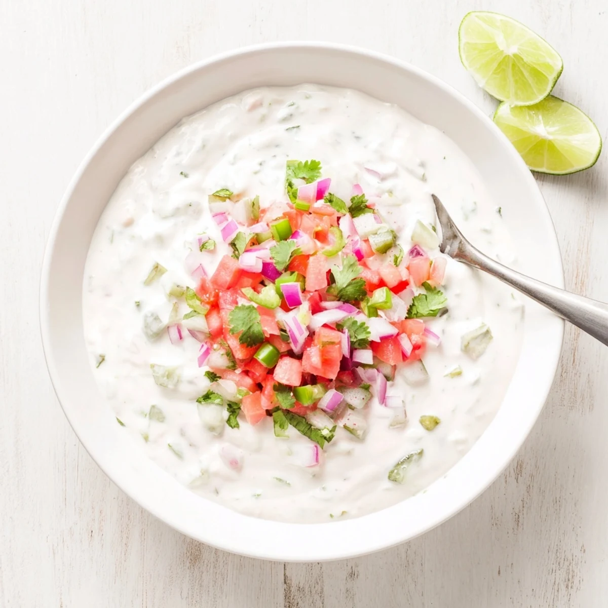 Thick and tangy Grillos pickle de gallo ranch dip garnished with fresh cilantro, diced tomatoes, and pickles