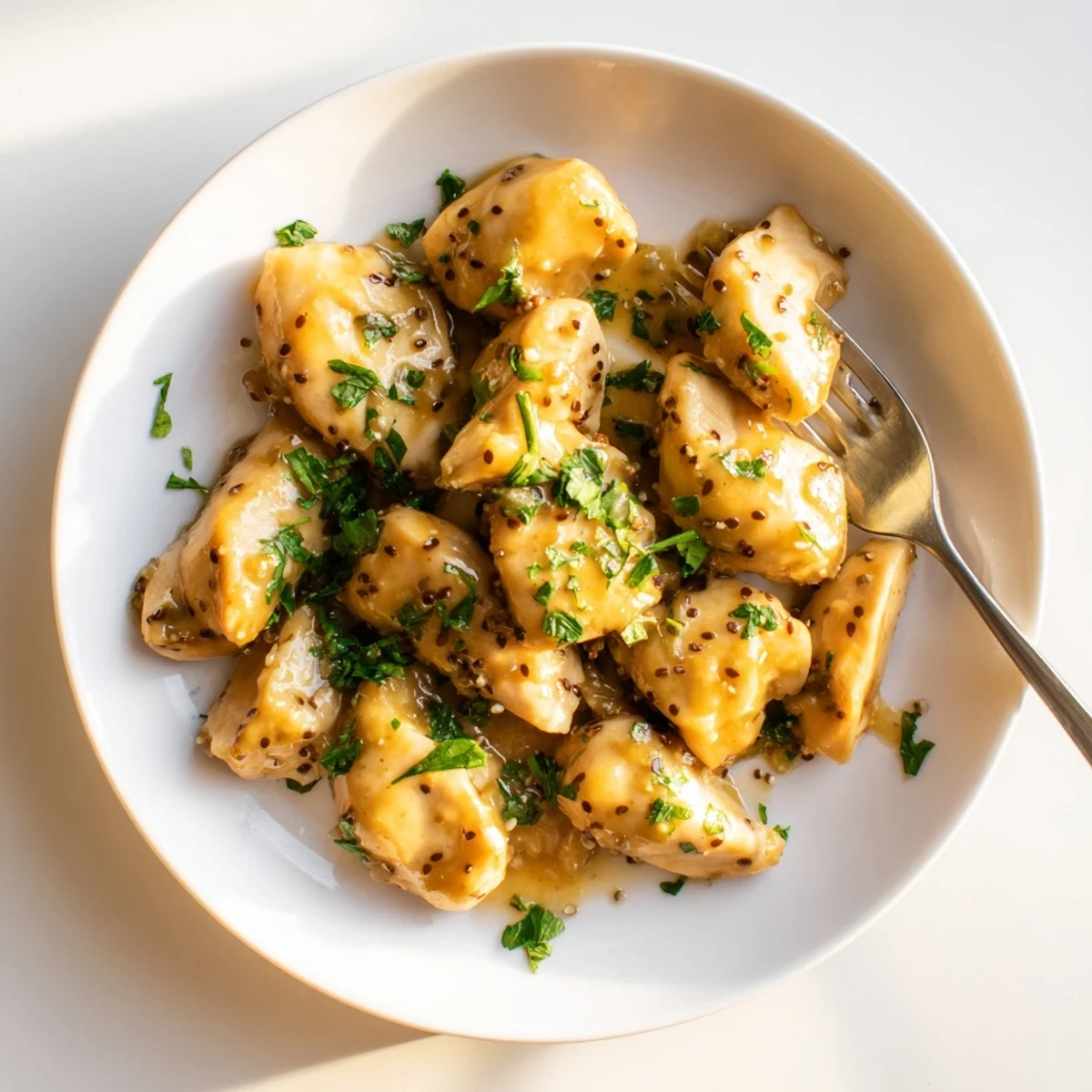 Golden glazed oven baked honey mustard chicken resting on a white serving platter