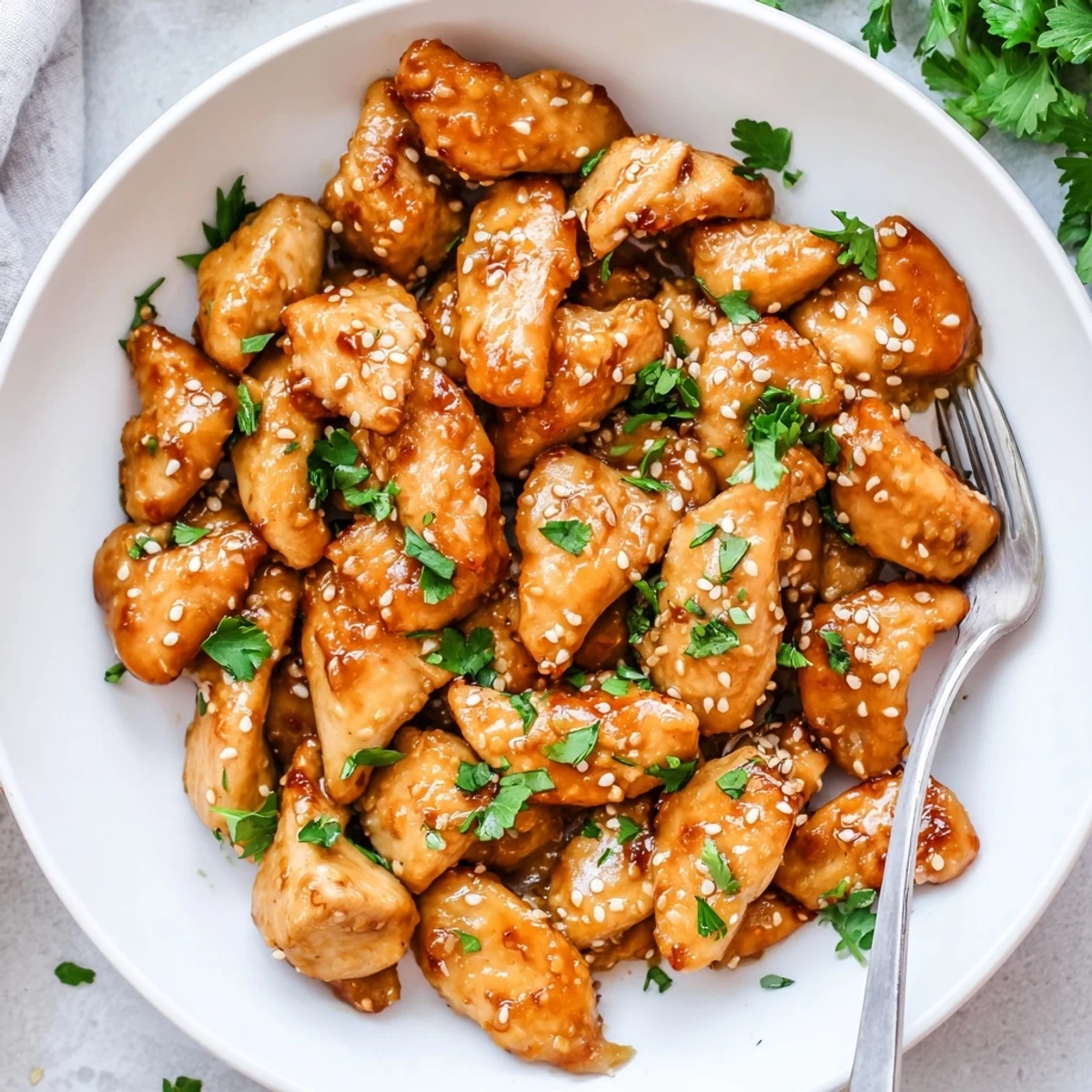 Family style oven baked honey mustard chicken garnished with fresh chopped parsley sprigs