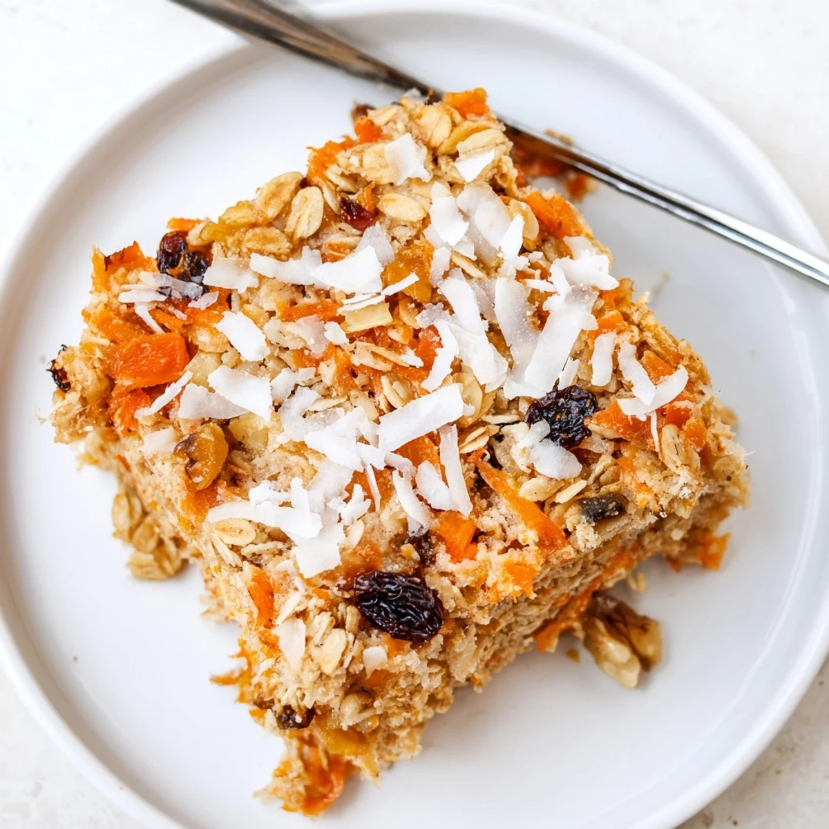 Warm spiced carrot cake baked oatmeal served fresh from the oven with a maple syrup drizzle on top