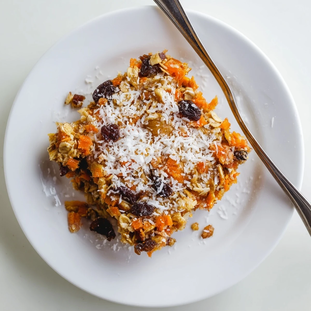 Golden carrot cake baked oatmeal sprinkled with chopped walnuts and sweet raisins in a square baking dish