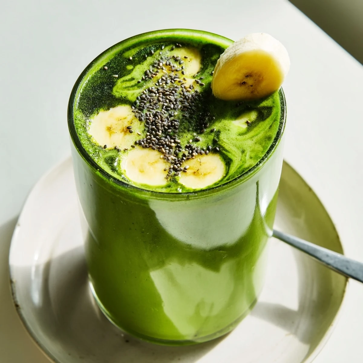 Matcha Smoothie swirled bright green, blended with banana and almond milk
