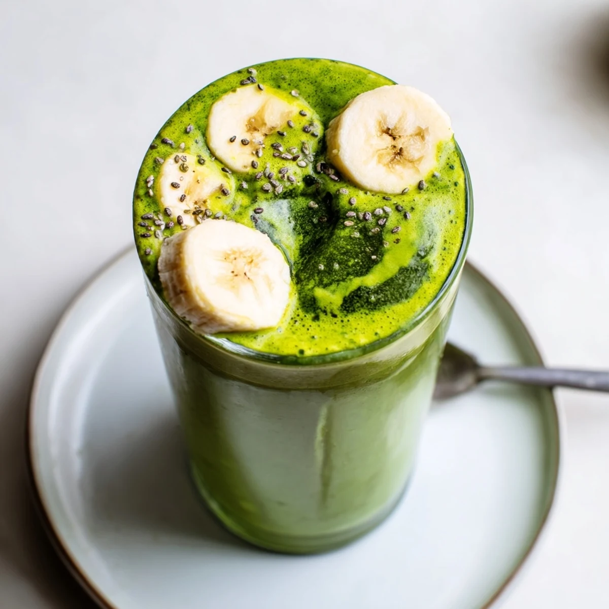 Creamy chilled drink garnished with chia and maple, called Matcha Smoothie