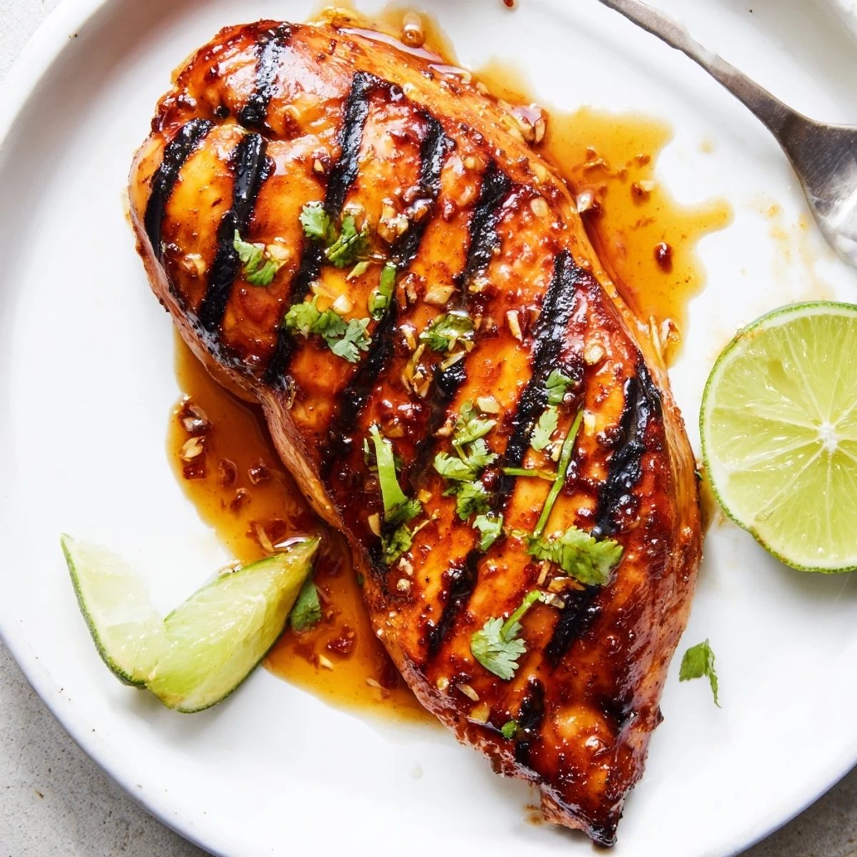 Key West Grilled Chicken With Tropical Citrus Marinade glistening, charred edges, lime wedges.