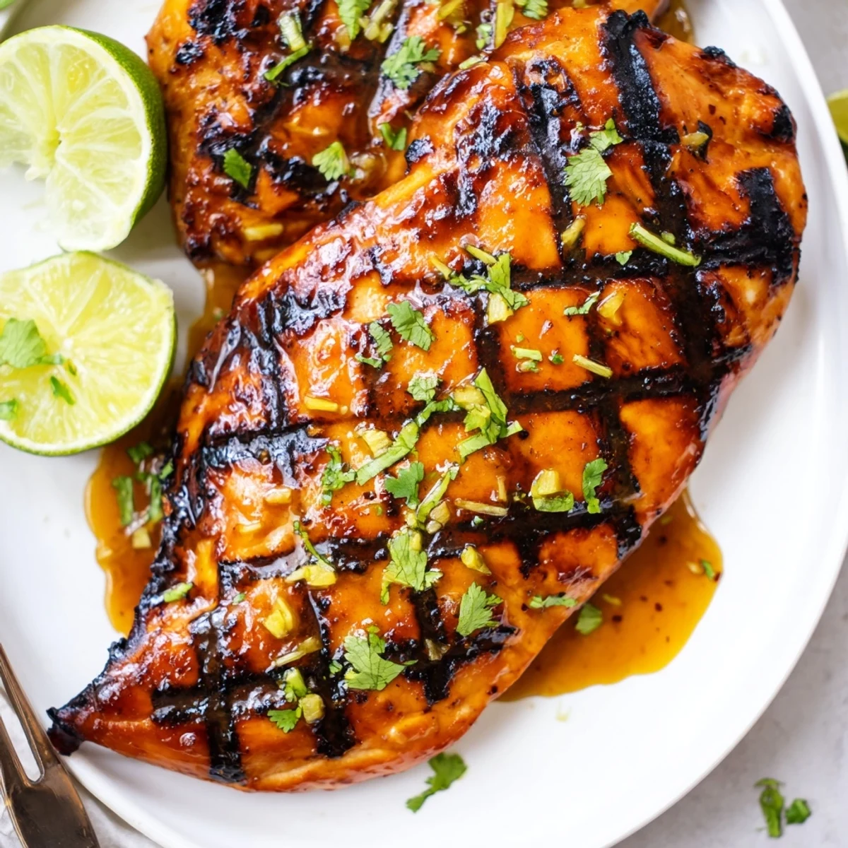 Juicy Key West Grilled Chicken With Tropical Citrus Marinade, cilantro garnish, warm grill aroma.
