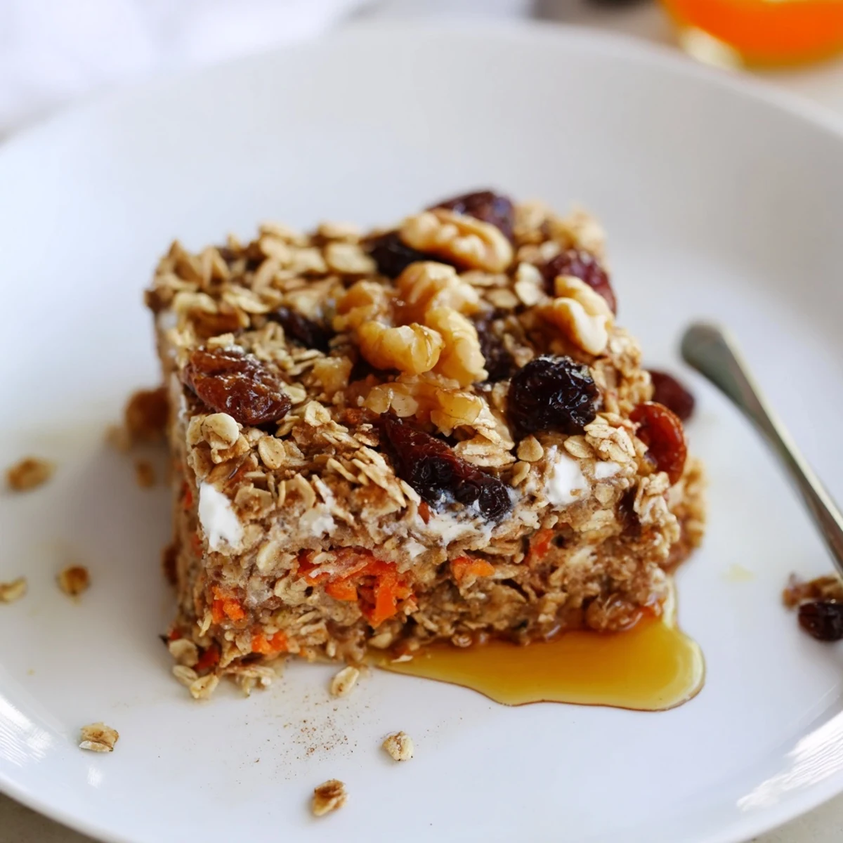 Slice of Carrot Cake Baked Oatmeal with creamy yogurt and maple drizzle.