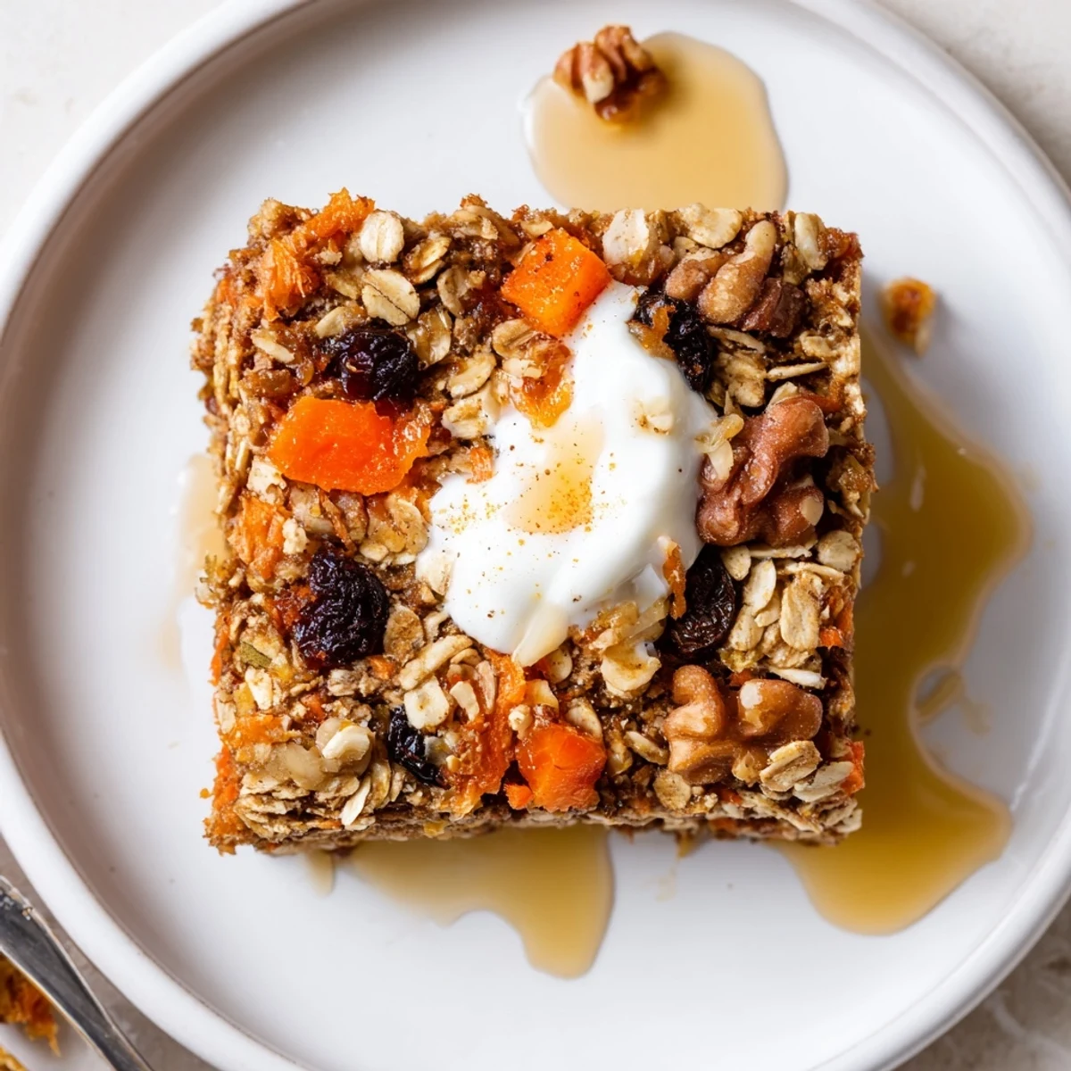 Warm Carrot Cake Baked Oatmeal, golden top and cinnamon aroma, served warm.