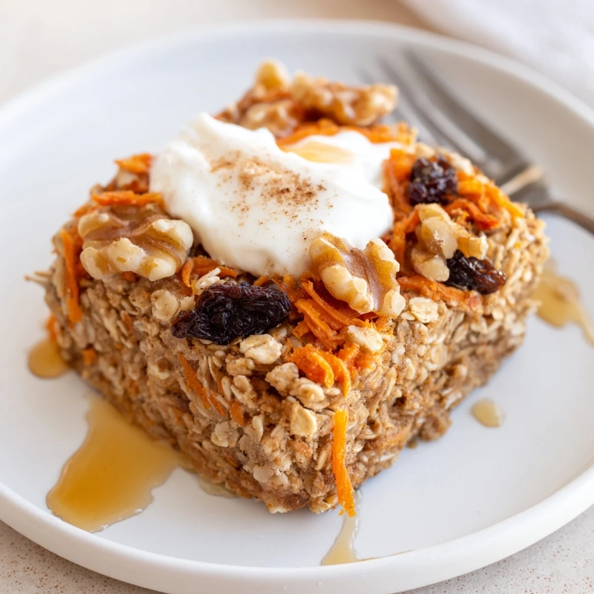 Hearty Carrot Cake Baked Oatmeal studded with raisins and chopped walnuts, cooling.