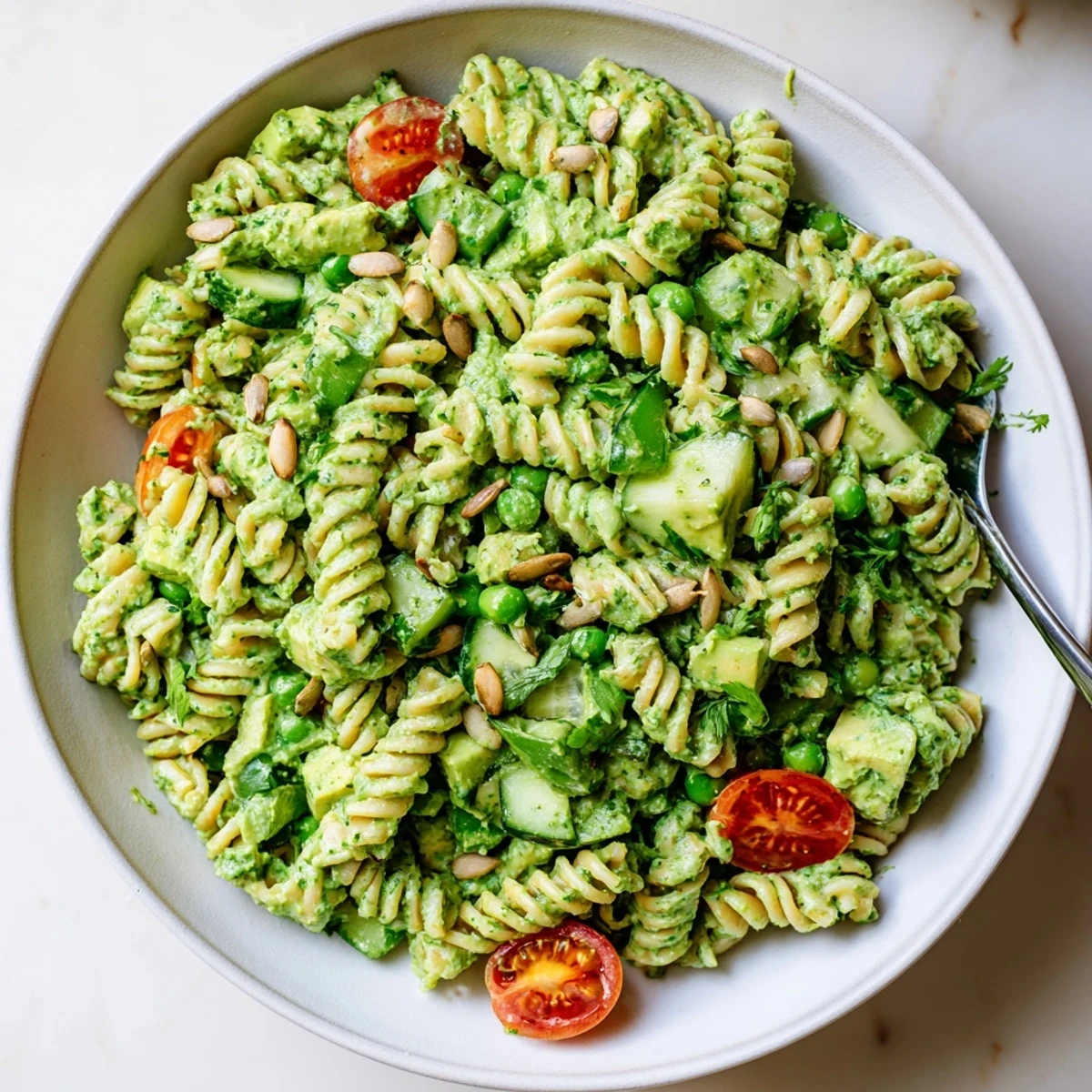 Chilled Green Goddess Pasta Salad with crunchy snap peas, bright lemony zing  