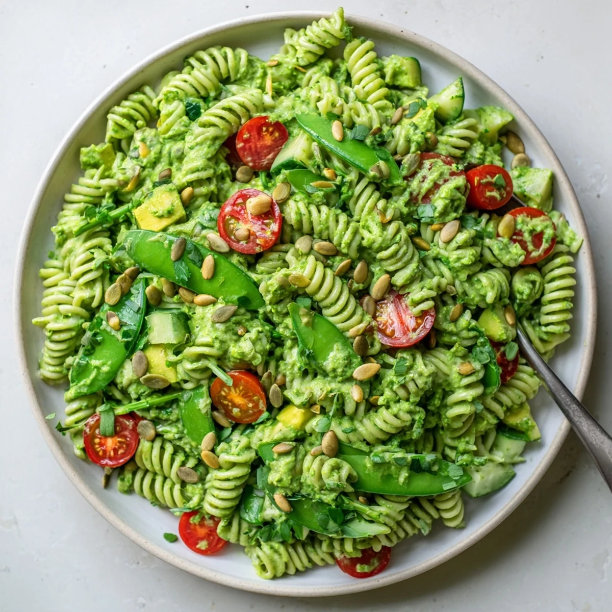 Green Goddess Pasta Salad piled in bowl, creamy herb dressing glistening  