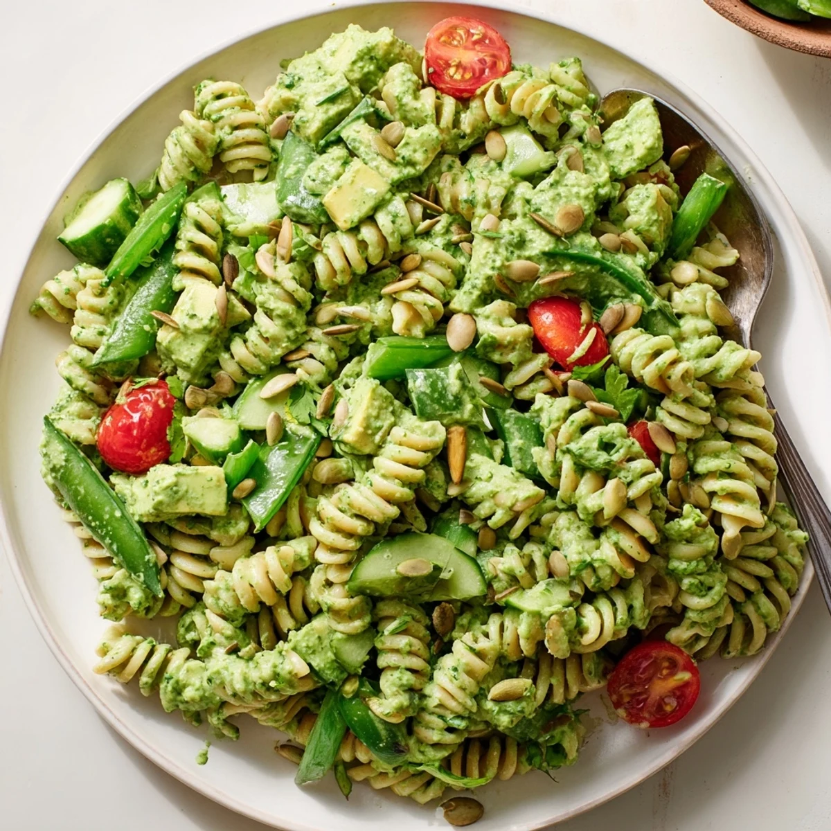 Picnic-ready Green Goddess Pasta Salad tossed with avocado, toasted seeds, herbs