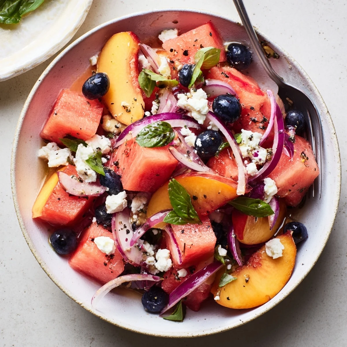 Chilled Peach Watermelon Salad With Feta, drizzled with honey-lime dressing and mint.