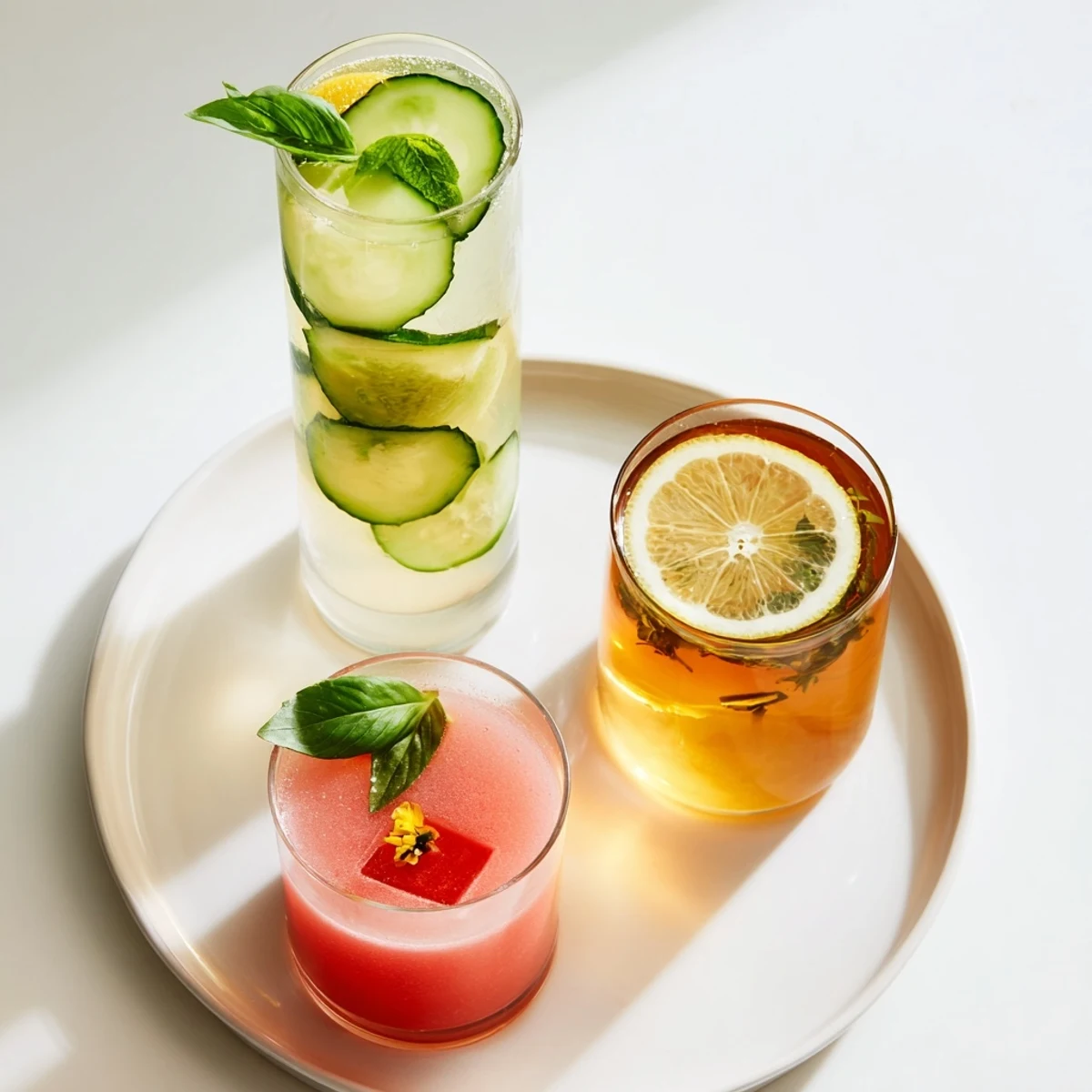 Chilled Summer Detox Drinks in glass pitcher with sliced cucumber and mint