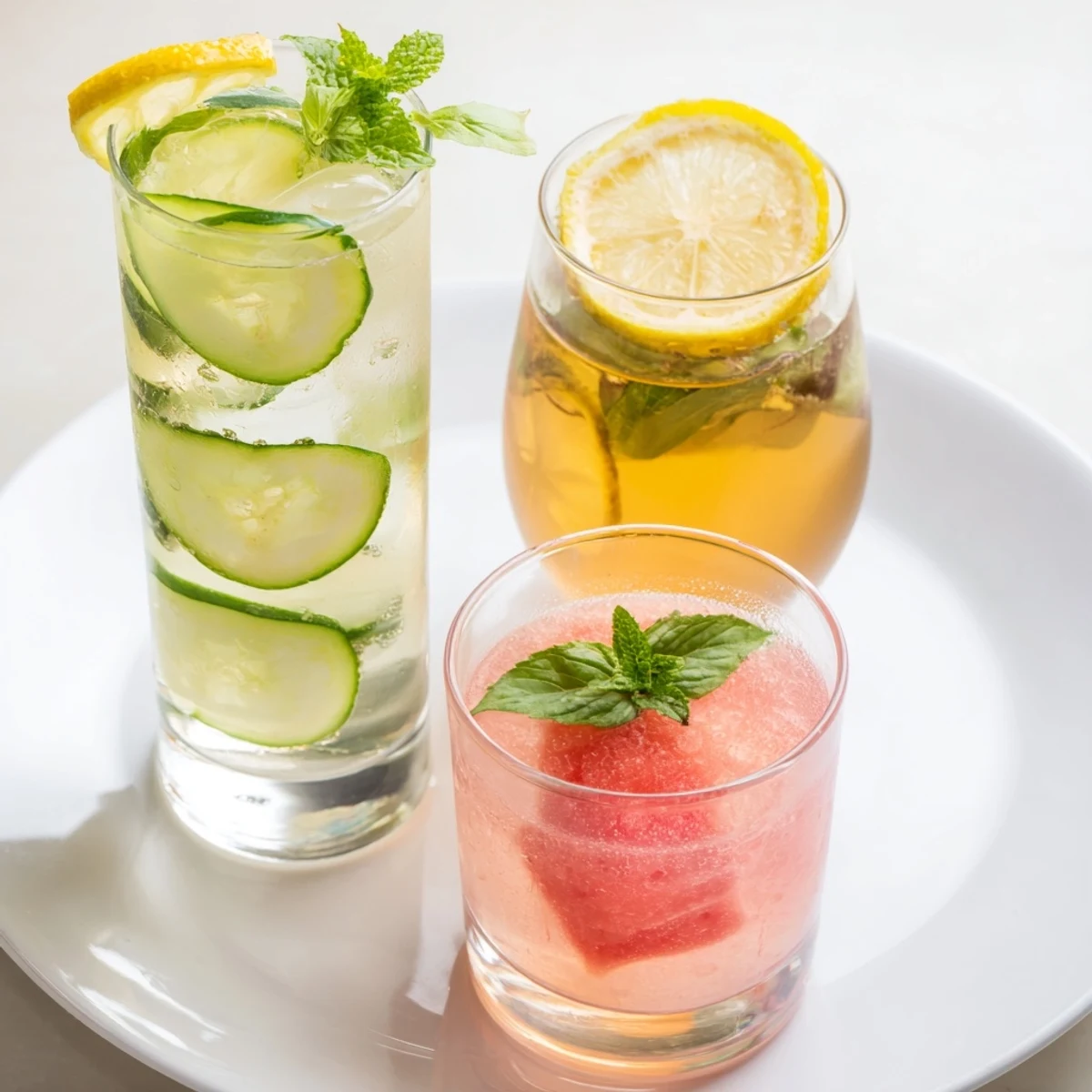 Serve Summer Detox Drinks chilled with ice, fresh lemon, and basil garnish
