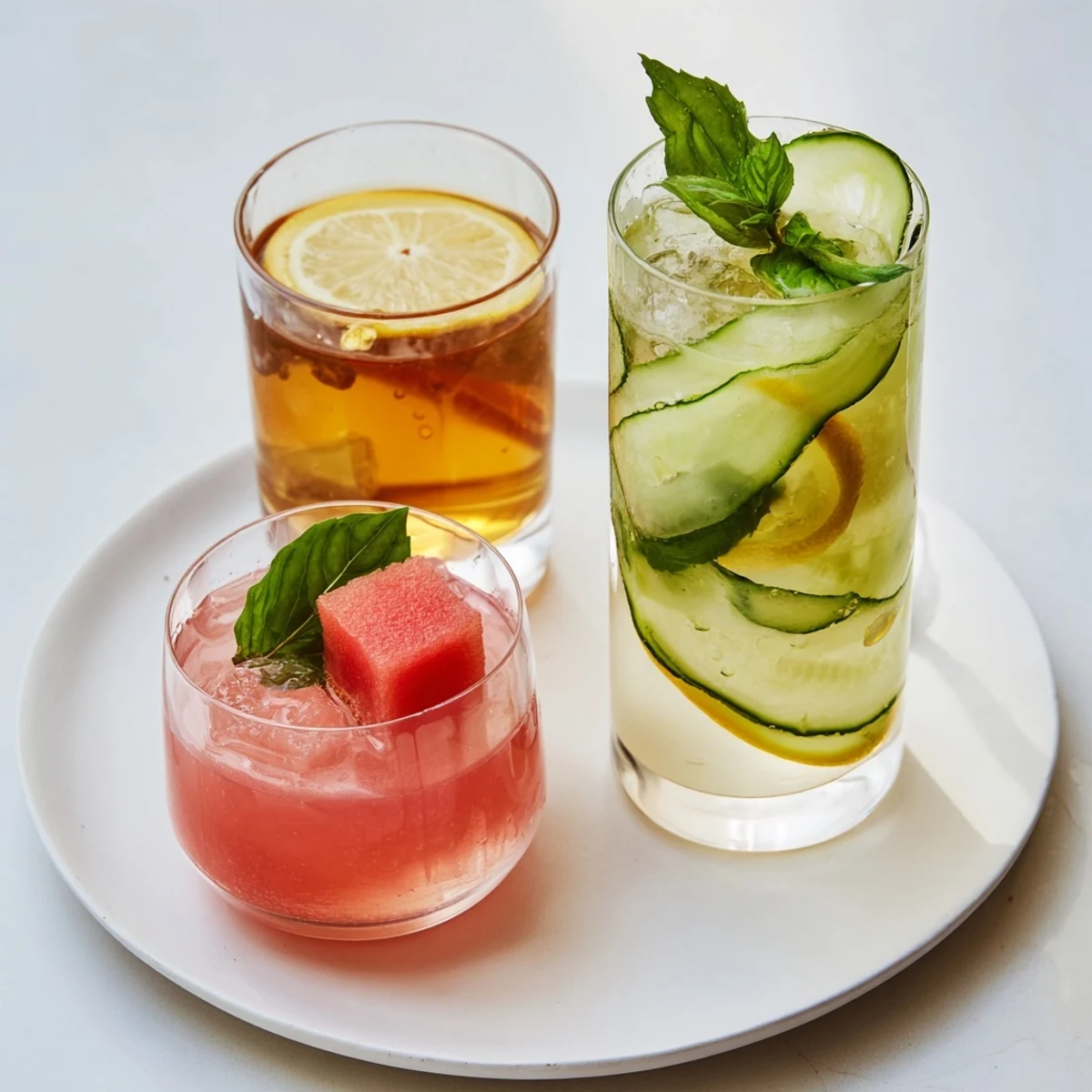 Three colorful Summer Detox Drinks: watermelon basil, citrus cucumber, ginger lemon tea over ice
