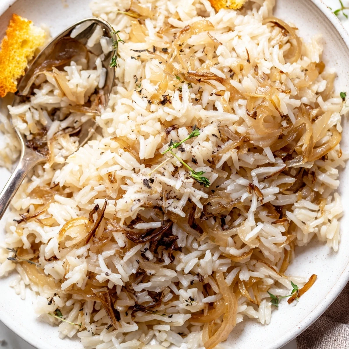 Hearty French Onion Soup Rice served warm, fragrant thyme, silky broth-soaked rice